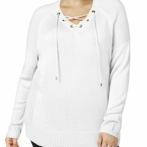 NWT Calvin Klein Women's White Laced-Up Grommet Mix Sweater Plus Size 1X - Picture 1 of 13